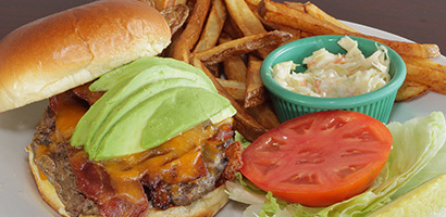 burger with bacon and french fries